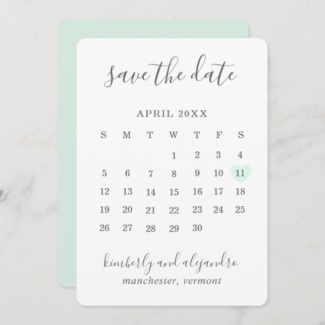Save The Date Simple mignonne Mint vert Coeur Calender Mariage (Devant / Derrière)