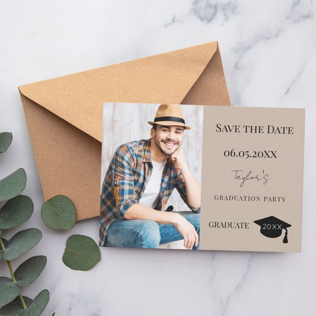 Save The Date Simple modern photo mocha beige guy Graduation (Créateur téléchargé)