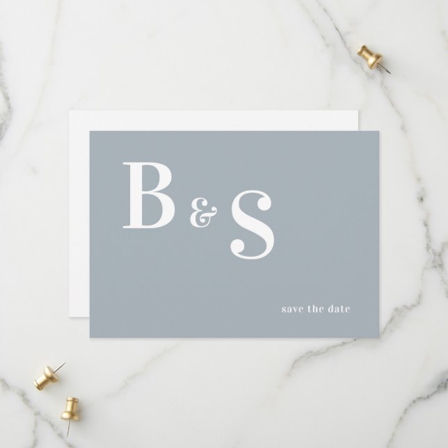 Save The Date Simple Moderne Date de Sauvegarde Monogramme Bleu  (Devant/Arrière en situation)