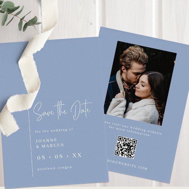 Save The Date Simple moderne Dusty Blue Photo & QR Code (Créateur téléchargé)