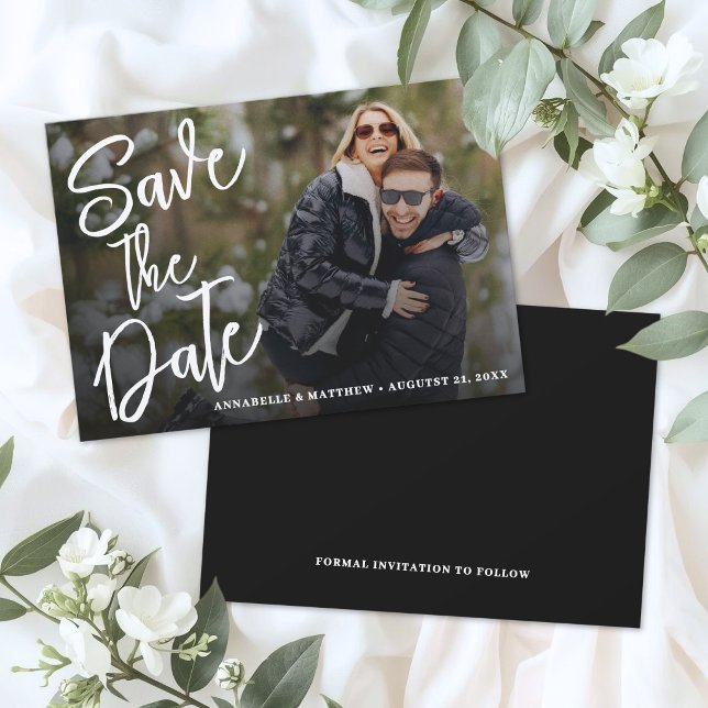 Save The Date Simple Moderne Écriture Pinceau Photo Mariage (Simple Modern Brush Script Photo Wedding Save The Date)