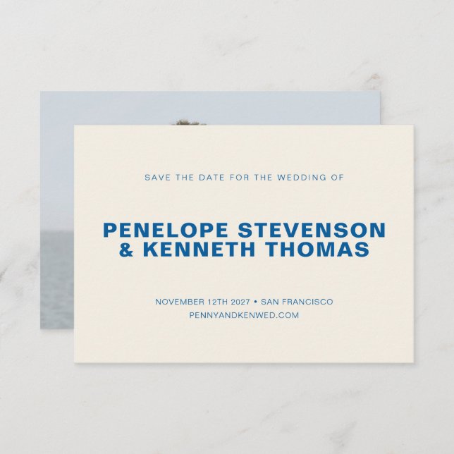 Save The Date Simple moderne Mariage photo bleu Cobalt (Devant / Derrière)