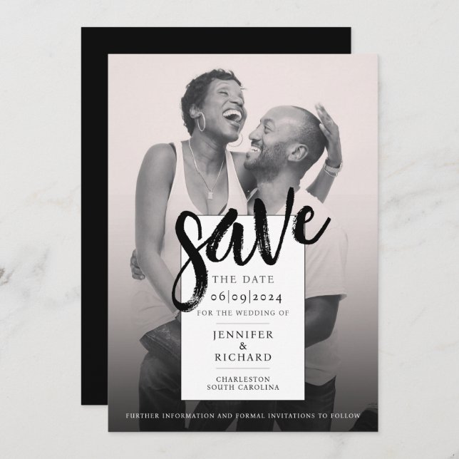 Save The Date Simple Moderne Mariage Photo Noir Et Blanc (Devant / Derrière)