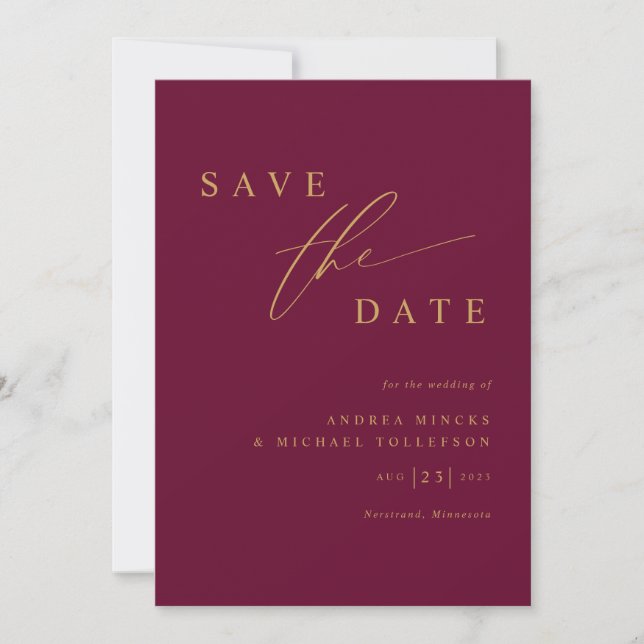 Save The Date Simple moderne Mulberry Wine and Gold Mariage (Devant)