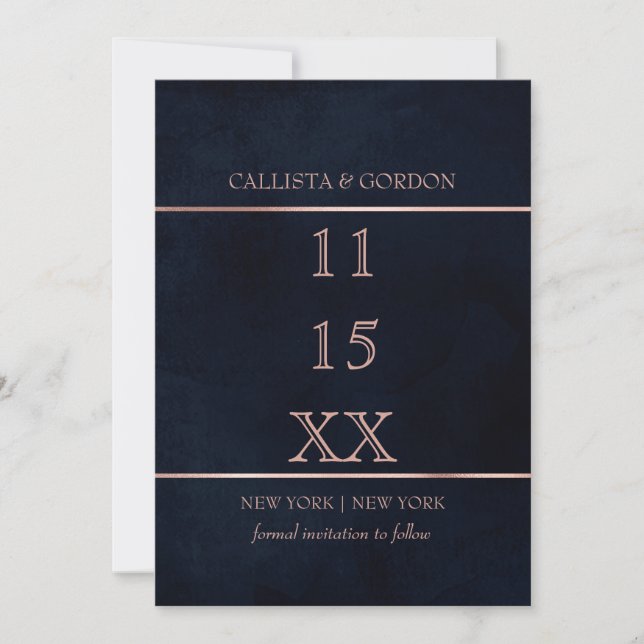 Save The Date Simple Moderne Rose Doré Bleu Nuit Aquarelle (Devant)