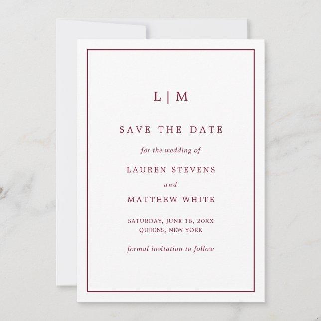 Save The Date Simple Monogramme de Bourgogne Élégant Mariage (Devant)