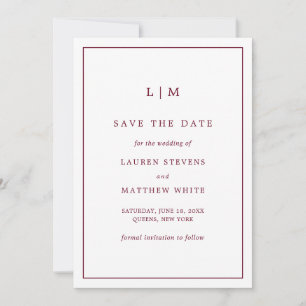 Save The Date Simple Monogramme de Bourgogne Élégant Mariage