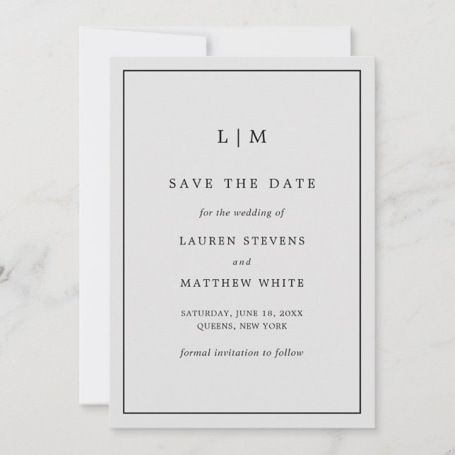 Save The Date Simple Monogramme Gris Clair Mariage Élégant (Devant)