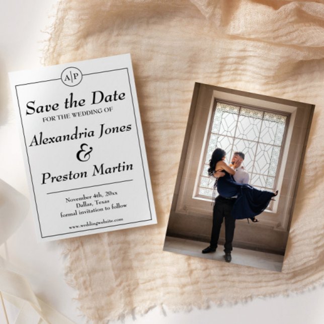 Save The Date Simple Monogramme noir et blanc Photo Enregistrer  (elegant black and white formal monogram save the date with engagement photo on back)