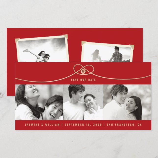 Save The Date Simple noeud d'or Double bonheur 3 Photo Chinois (Devant / Derrière)