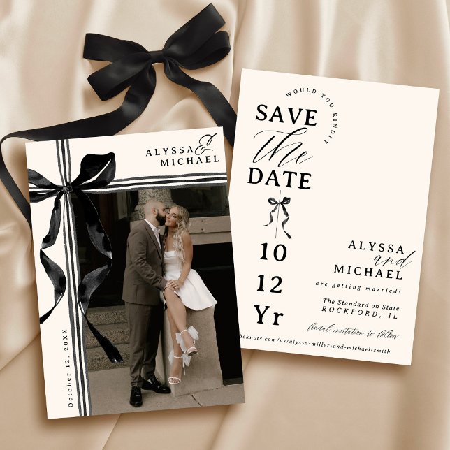 Save The Date Simple Nœud Noir et Ivoire Élégant Mariage Photo (Elegant modern watercolor black and ivory coquette bow ribbon typography photo wedding save the date)