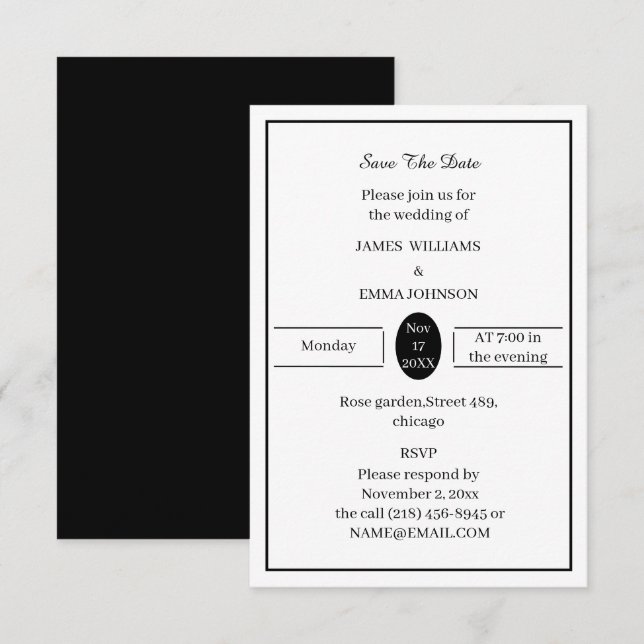 Save The Date Simple Noir Et Blanc Personnalisé (Devant / Derrière)