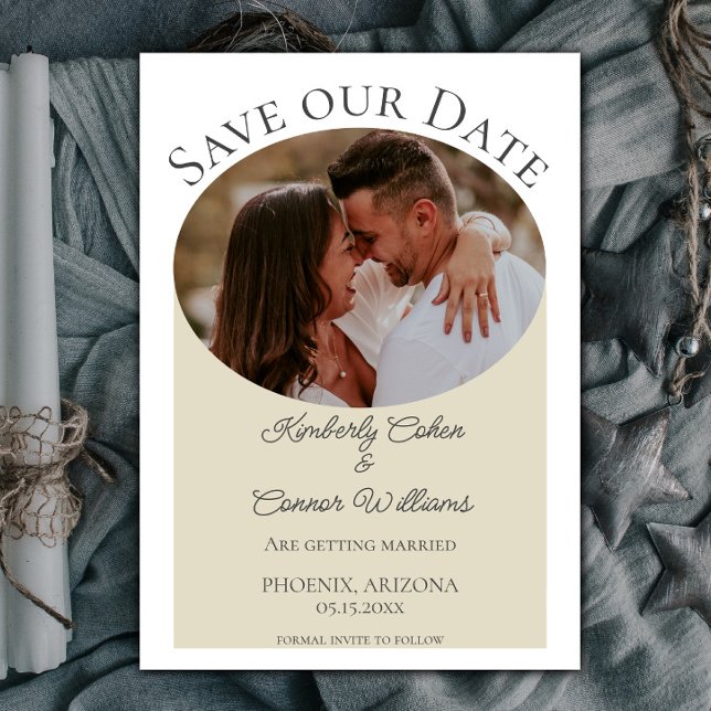 Save The Date Simple Ovale Photo Enregistrer la Date | Beige (Beige Simple Oval Photo Save the Date)