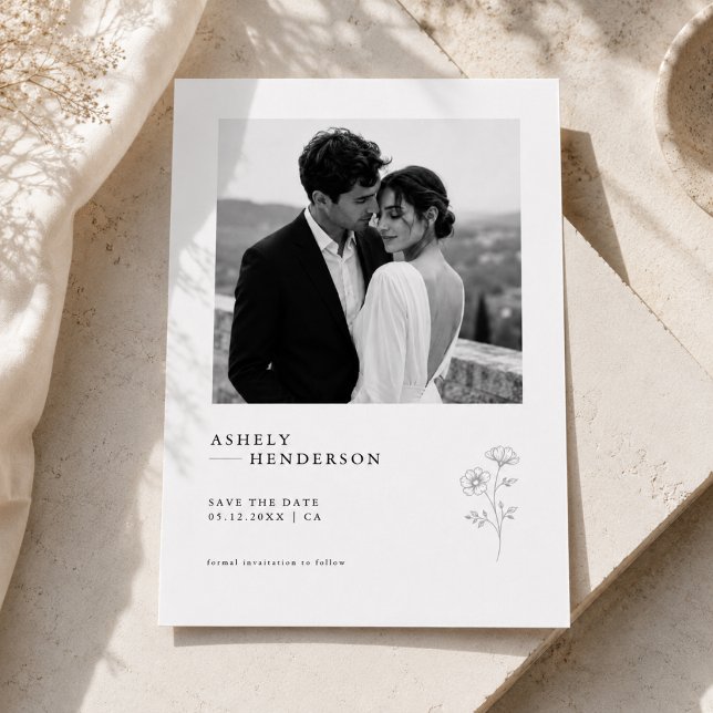 Save The Date Simple Photo de Mariage Botanique Noir et Blanc (Créateur téléchargé)