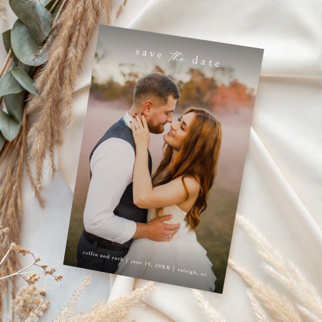 Save The Date Simple Photo de Mariage en Pleine Page  (Simple full bleed wedding photo save the date with elegant text and QR code backer.)