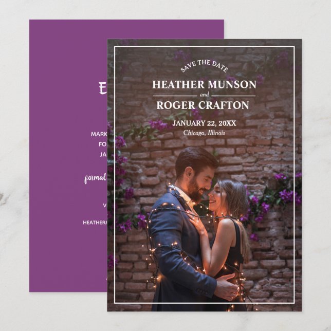 Save The Date Simple Photo Fiançailles Purple Enregistrer La Dat (Devant / Derrière)
