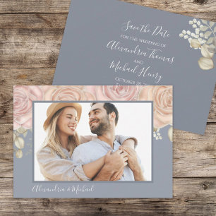 Save The Date Simple Photo Floral Dusty Blue Blush Flower