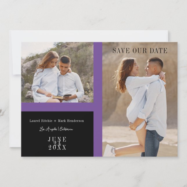 Save The Date Simple Purple Two Photos Engaged Couple Session (Devant)