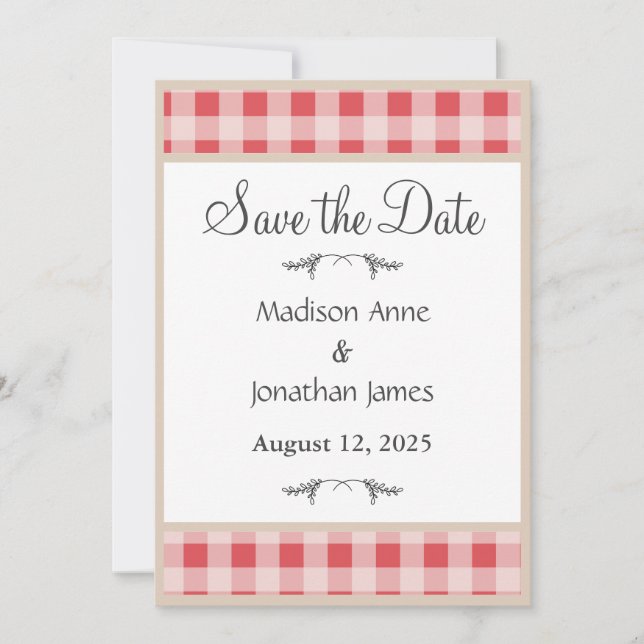 Save The Date Simple Red Plaid En vichy pays rustique (Devant)