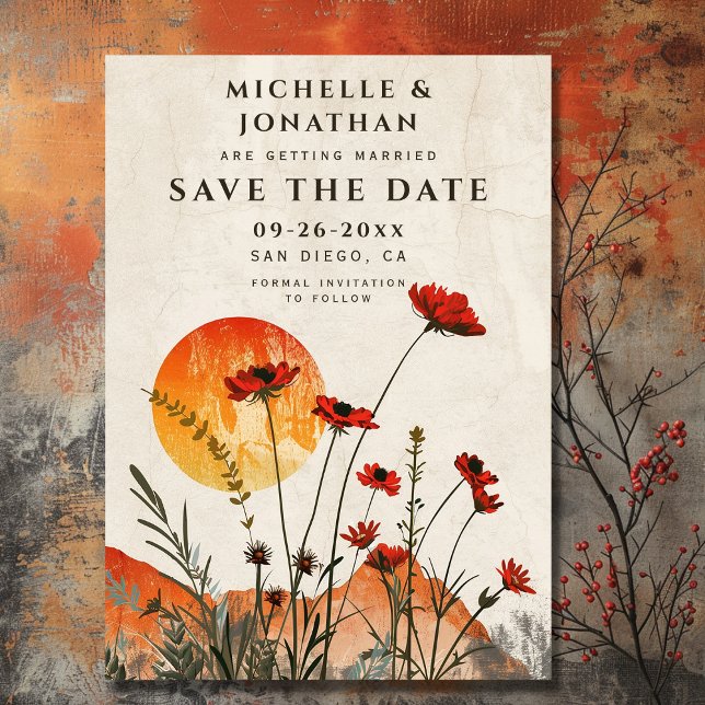 Save The Date Simple Red Poppies Boho Fleurs sauvages Sunset Mar (Front - Simple Red Poppies Boho Wildflowers Sunset Wedding Save The Date)