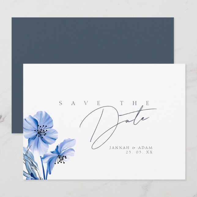 Save The Date Simple Royal Blue Opulence Floral Mariage (Devant / Derrière)