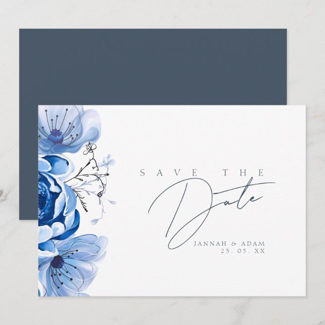 Save The Date Simple Royal Blue Opulence Floral Rose Mariage (Devant / Derrière)