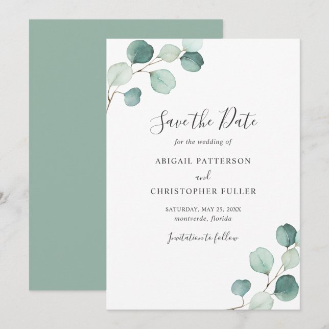 Save The Date Simple Rustique Eucalyptus Verdure Mariage élégant (Devant / Derrière)