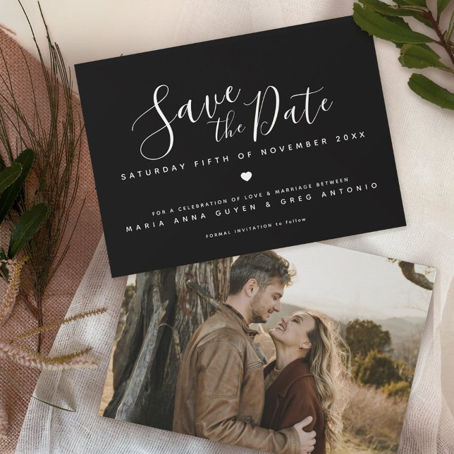 Save The Date Simple script blanc coeur noir photo mariage (Créateur téléchargé)