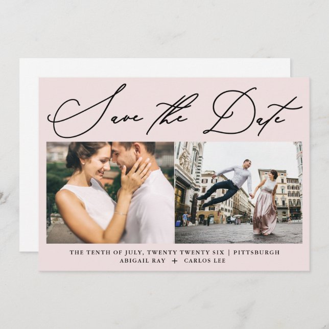 Save The Date Simple Script Blush Rose Deux Photo Moderne (Devant / Derrière)