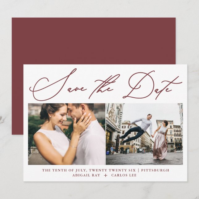 Save The Date Simple Script Bourgogne Deux Photo Moderne (Devant / Derrière)