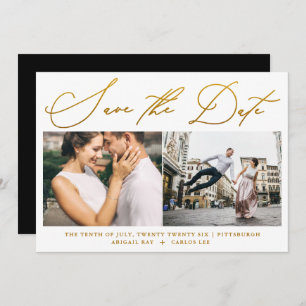 Save The Date Simple Script Faux Gold Two Photo Modern
