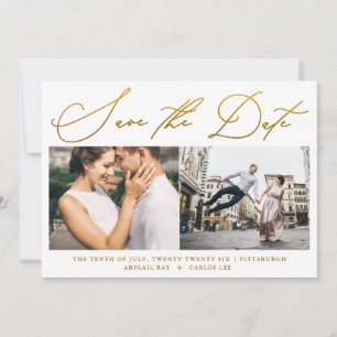 Save The Date Simple Script Faux Gold Two Photo Modern