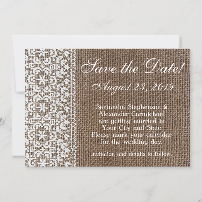 Save The Date Simple Toile de Jute et Dentelle Enregistrer la Da (Devant)