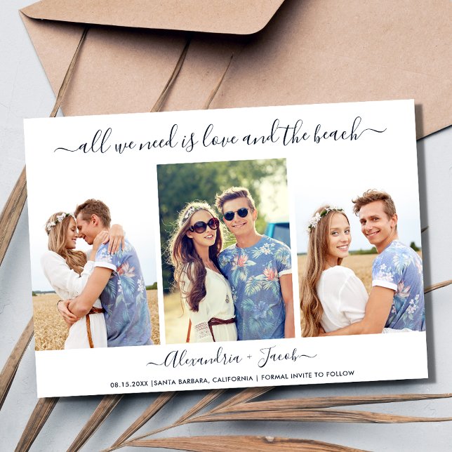 Save The Date Simple Trois Photo Love et le Mariage de la plage (Simple Three Photo Love and the Beach Wedding Save The Date)