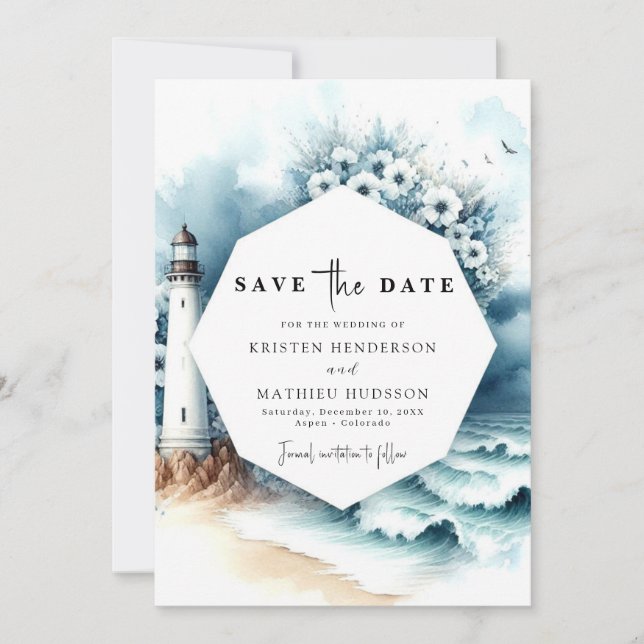 Save The Date Simple typographie romantique Mariage phare (Devant)