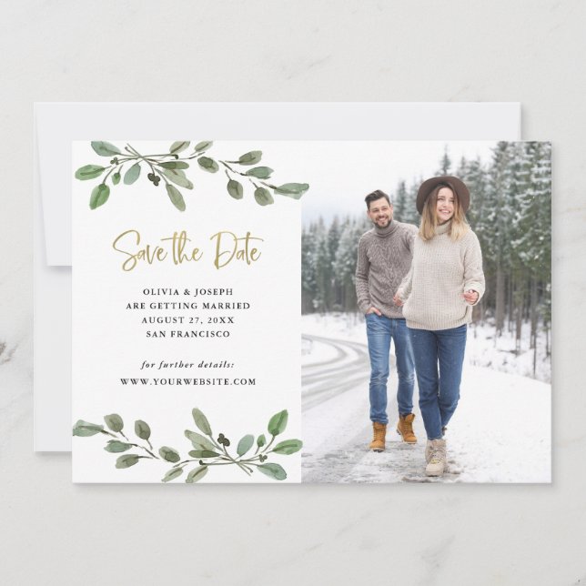 Save The Date Simple végétation à l'aquarelle et photo dorée (Devant)