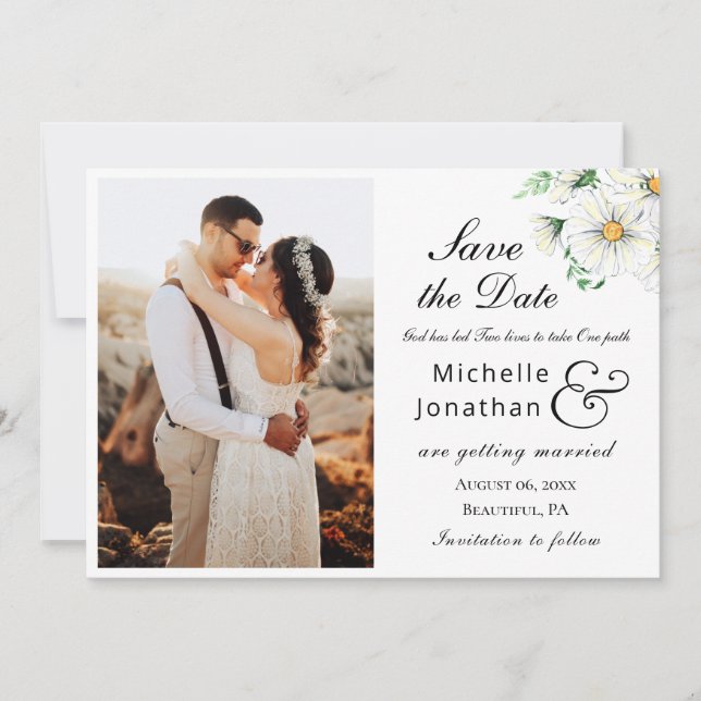 Save The Date Simple White Daisies Verdure Mariage photo (Devant)