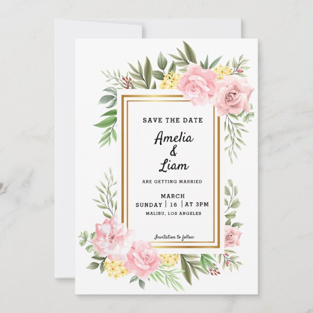 Save The Date Simplement Romantique Rose Fleurie Flora Mariage (Devant)