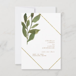 Save The Date Simplicité et verdure Or & Mariage blanc