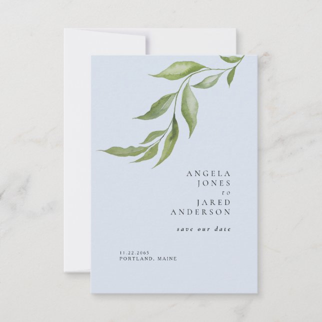 Save The Date Simplicité Feuillage Bleu Poussiéreux Mariage  (Devant)