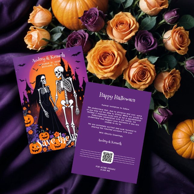 Save The Date Skeleton Couple in Spooky Town at Dusk Wedding (keleton Couple Holding Hands at a Halloween-Themed Save the Date Invitation in a Spooky Town at Dusk)