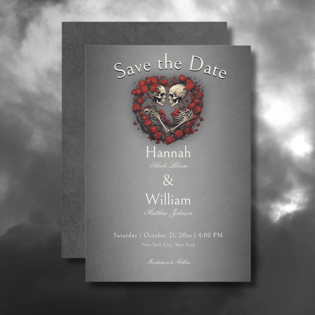 Save The Date Skeletons sombres gothiques et Mariage de coeur Ro (Gothic Dark Skeletons & Rose Heart Wedding Save the Date Card)