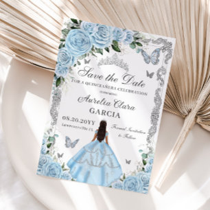 Save The Date Sky Blue Floral Princess Gown Sweet 16 QUINCEAÑERA