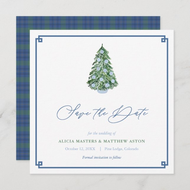 Save The Date Smart Christmas Tree Green Blue Mariage d'hiver (Devant / Derrière)