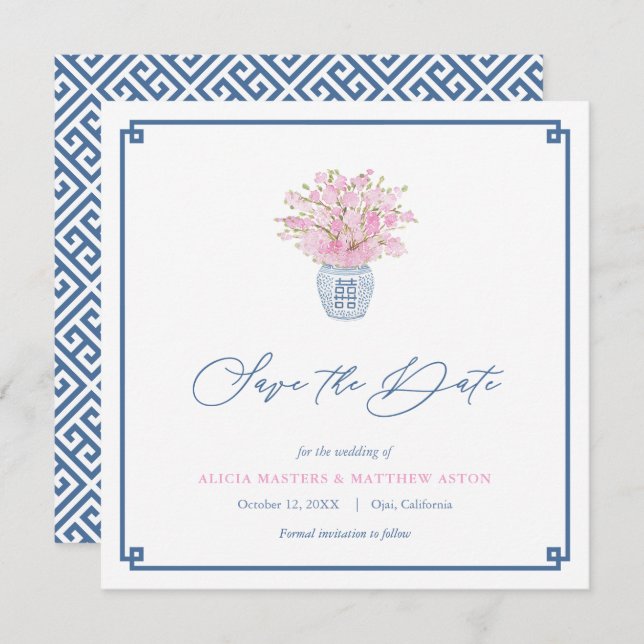 Save The Date Smart Pink Navy Blue Chinoiserie Vase Mariage (Devant / Derrière)