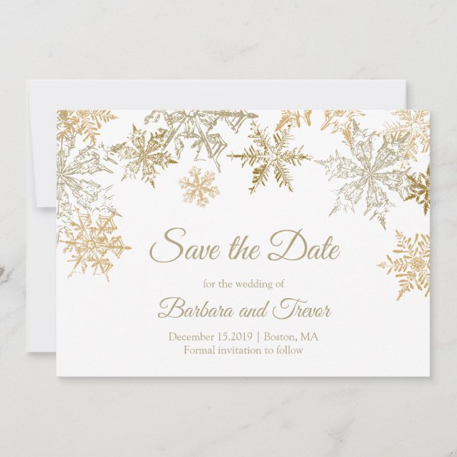 Save The Date Snowflakes Gold Thème de Noël Mariage d'hiver (Devant)