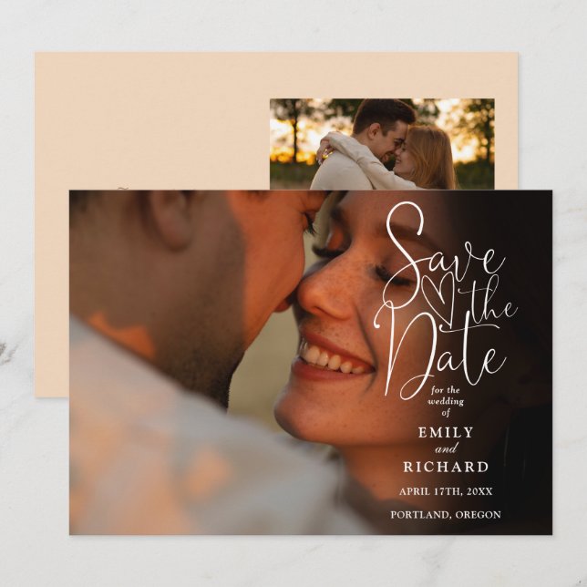 Save The Date Soft Peach 2 Photo Elegant Script Mariage (Devant / Derrière)
