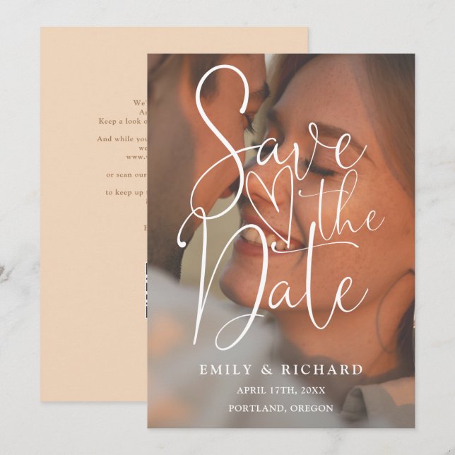 Save The Date Soft Peach Mariage Photo Script élégant Code QR (Devant / Derrière)