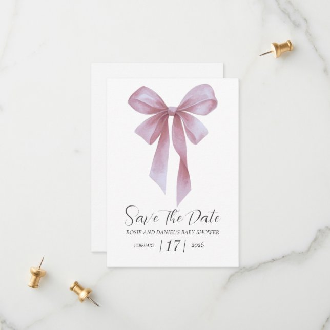 Save The Date Soft Pink Bow Girl Baby Shower (Devant/Arrière en situation)