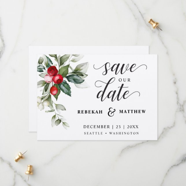 Save The Date Soft Winter Berry Mariage de Noël (Devant/Arrière en situation)